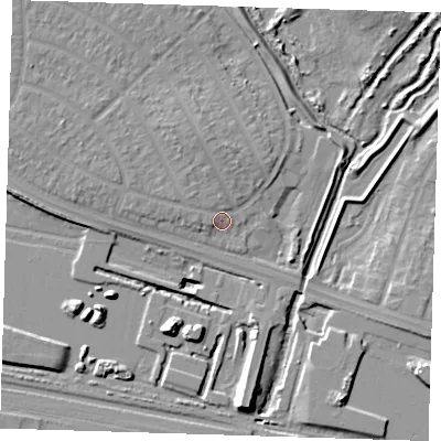 Shaded relief map of the ground around RM109EB, computed from Environment Agency LiDAR. The ground here sits at about 3 m above sea level and falls 12 m across the surrounding 800 m. Surface water reaching this point runs off ground lying to the north-north-west, 2.6 m higher.
