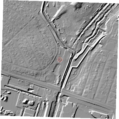 Shaded relief map of the ground around RM109ED, computed from Environment Agency LiDAR. The ground here sits at about 2 m above sea level and falls 13 m across the surrounding 800 m. Surface water reaching this point runs off ground lying to the west, 1.8 m higher.