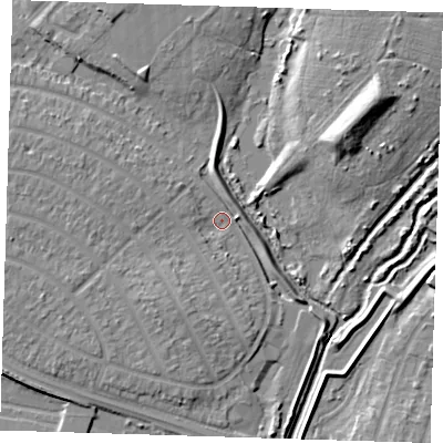 Shaded relief map of the ground around RM109EH, computed from Environment Agency LiDAR. The ground here sits at about 1 m above sea level and falls 11 m across the surrounding 800 m. Surface water reaching this point runs off ground lying to the north-north-west, 6.5 m higher.