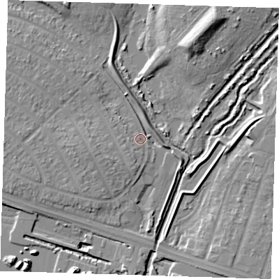 Shaded relief map of the ground around RM109EJ, computed from Environment Agency LiDAR. The ground here sits at about 2 m above sea level and falls 13 m across the surrounding 800 m. Surface water reaching this point runs off ground lying to the south-south-west, 2.8 m higher.