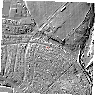 Shaded relief map of the ground around RM109EL, computed from Environment Agency LiDAR. The ground here sits at about 3 m above sea level and falls 8 m across the surrounding 800 m. Surface water reaching this point runs off ground lying to the west-south-west, 3.3 m higher.