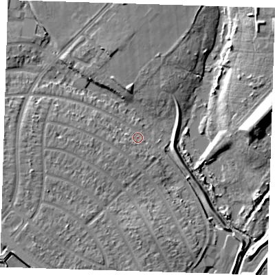 Shaded relief map of the ground around RM109EP, computed from Environment Agency LiDAR. The ground here sits at about 2 m above sea level and falls 11 m across the surrounding 800 m. Surface water reaching this point runs off ground lying to the west-south-west, 6.8 m higher.
