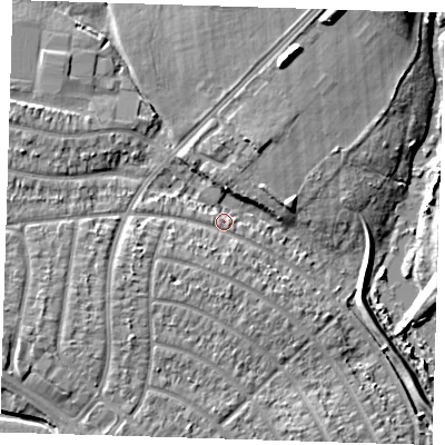 Shaded relief map of the ground around RM109ER, computed from Environment Agency LiDAR. The ground here sits at about 3 m above sea level and falls 9 m across the surrounding 800 m. Surface water reaching this point runs off ground lying to the north-north-east, 6.3 m higher.