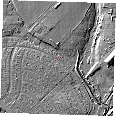 Shaded relief map of the ground around RM109ES, computed from Environment Agency LiDAR. The ground here sits at about 1 m above sea level and falls 10 m across the surrounding 800 m. Surface water reaching this point runs off ground lying to the west, 5.5 m higher.