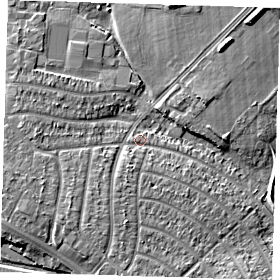 Shaded relief map of the ground around RM109ET, computed from Environment Agency LiDAR. The ground here sits at about 4 m above sea level and falls 8 m across the surrounding 800 m. Surface water reaching this point runs off ground lying to the south-south-west, 2.3 m higher.