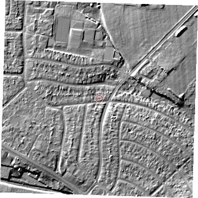 Shaded relief map of the ground around RM109EU, computed from Environment Agency LiDAR. The ground here sits at about 4 m above sea level and falls 8 m across the surrounding 800 m. Surface water reaching this point runs off ground lying to the west-south-west, 2.4 m higher.