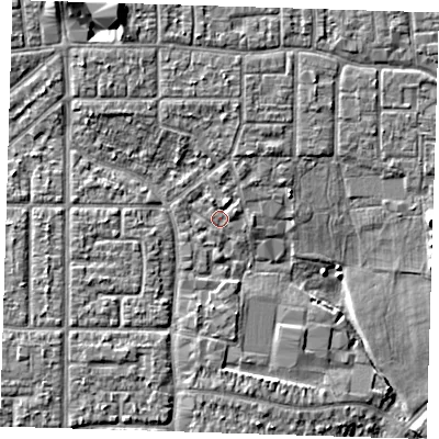 Shaded relief map of the ground around RM109HA, computed from Environment Agency LiDAR. The ground here sits at about 4 m above sea level and falls 9 m across the surrounding 800 m. Surface water reaching this point runs off ground lying to the north-north-west, 6.8 m higher.