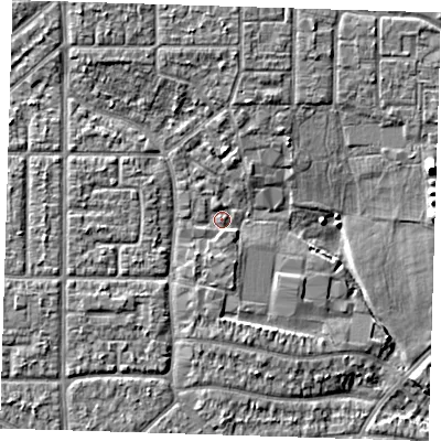 Shaded relief map of the ground around RM109HB, computed from Environment Agency LiDAR. The ground here sits at about 4 m above sea level and falls 8 m across the surrounding 800 m. Surface water reaching this point runs off ground lying to the south-south-west, 2.1 m higher.