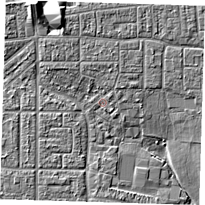Shaded relief map of the ground around RM109JR, computed from Environment Agency LiDAR. The ground here sits at about 5 m above sea level and falls 9 m across the surrounding 800 m. Surface water reaching this point runs off ground lying to the north-north-east, 2.9 m higher.