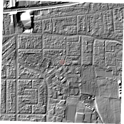 Shaded relief map of the ground around RM109JS, computed from Environment Agency LiDAR. The ground here sits at about 6 m above sea level and falls 9 m across the surrounding 800 m. Surface water reaching this point runs off ground lying to the north-north-east, 1.4 m higher.