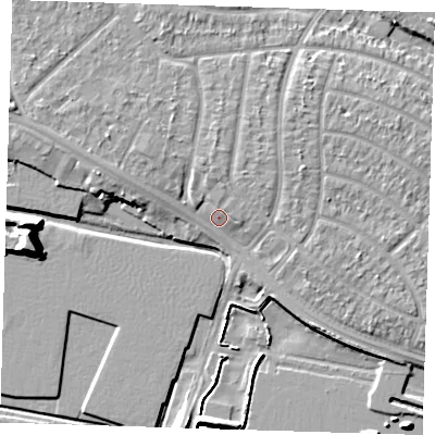 Shaded relief map of the ground around RM109LS, computed from Environment Agency LiDAR. The ground here sits at about 4 m above sea level and falls 12 m across the surrounding 800 m. Surface water reaching this point runs off ground lying to the north-west, 3.0 m higher.