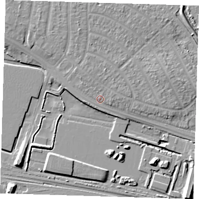 Shaded relief map of the ground around RM109LU, computed from Environment Agency LiDAR. The ground here sits at about 4 m above sea level and falls 12 m across the surrounding 800 m. Surface water reaching this point runs off ground lying to the north, 1.6 m higher.