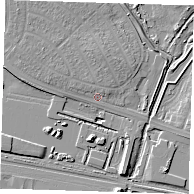 Shaded relief map of the ground around RM109ND, computed from Environment Agency LiDAR. The ground here sits at about 3 m above sea level and falls 12 m across the surrounding 800 m. Surface water reaching this point runs off ground lying to the north-west, 3.3 m higher.