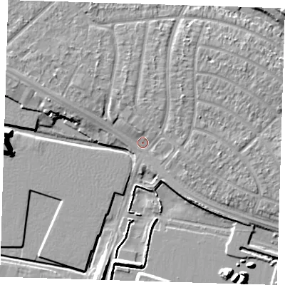 Shaded relief map of the ground around RM109NL, computed from Environment Agency LiDAR. The ground here sits at about 4 m above sea level and falls 12 m across the surrounding 800 m. Surface water reaching this point runs off ground lying to the north-west, 3.3 m higher.