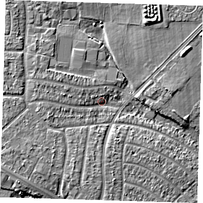 Shaded relief map of the ground around RM109PU, computed from Environment Agency LiDAR. The ground here sits at about 4 m above sea level and falls 8 m across the surrounding 800 m. Surface water reaching this point runs off ground lying to the west, 3.7 m higher.