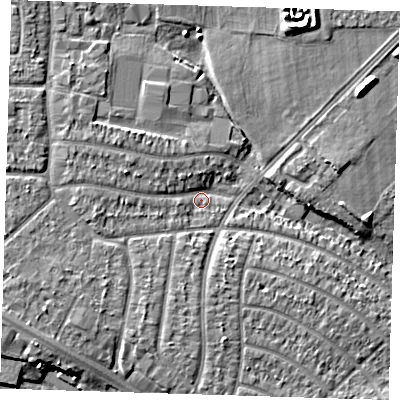 Shaded relief map of the ground around RM109QA, computed from Environment Agency LiDAR. The ground here sits at about 4 m above sea level and falls 8 m across the surrounding 800 m. Surface water reaching this point runs off ground lying to the west-north-west, 3.7 m higher.