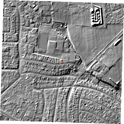 Shaded relief map of the ground around RM109QD, computed from Environment Agency LiDAR. The ground here sits at about 5 m above sea level and falls 9 m across the surrounding 800 m. Surface water reaching this point runs off ground lying to the west, 1.9 m higher.