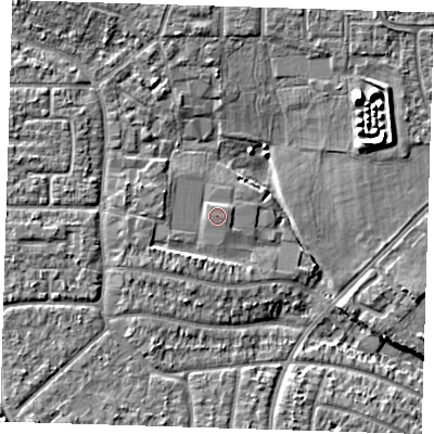 Shaded relief map of the ground around RM109QH, computed from Environment Agency LiDAR. The ground here sits at about 5 m above sea level and falls 9 m across the surrounding 800 m. The ground contributing surface water to this point lies to the east-south-east.