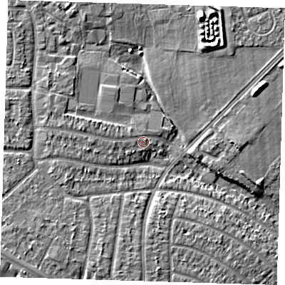 Shaded relief map of the ground around RM109QL, computed from Environment Agency LiDAR. The ground here sits at about 4 m above sea level and falls 9 m across the surrounding 800 m. Surface water reaching this point runs off ground lying to the west, 2.4 m higher.