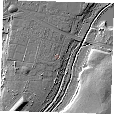 Shaded relief map of the ground around RM109YH, computed from Environment Agency LiDAR. The ground here sits at about 5 m above sea level and falls 16 m across the surrounding 800 m. Surface water reaching this point runs off ground lying to the west-south-west, 2.1 m higher.