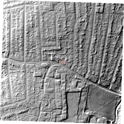 Shaded relief map of the ground around RM111DP, computed from Environment Agency LiDAR. The ground here sits at about 27 m above sea level and falls 21 m across the surrounding 800 m. Surface water reaching this point runs off ground lying to the north-north-west, 6.6 m higher.