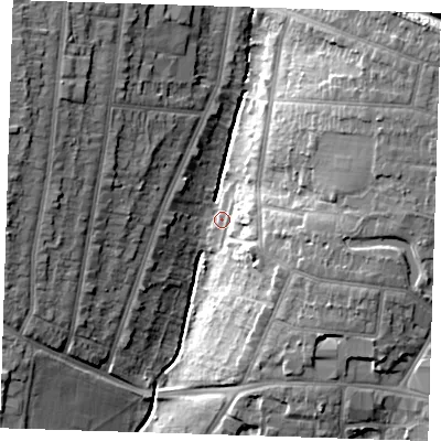 Shaded relief map of the ground around RM111JH, computed from Environment Agency LiDAR. The ground here sits at about 18 m above sea level and falls 20 m across the surrounding 800 m. Surface water reaching this point runs off ground lying to the north-east, 16.6 m higher.