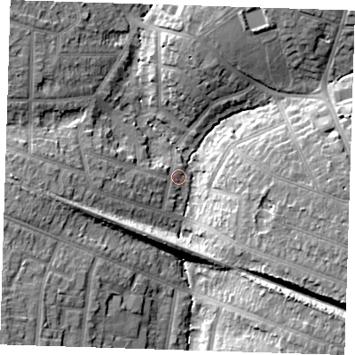 Shaded relief map of the ground around RM112AJ, computed from Environment Agency LiDAR. The ground here sits at about 22 m above sea level and falls 15 m across the surrounding 800 m. Surface water reaching this point runs off ground lying to the east-south-east, 13.7 m higher.