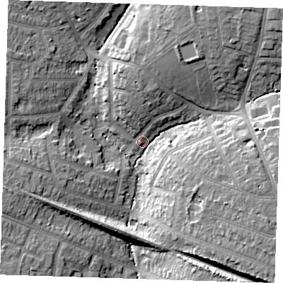 Shaded relief map of the ground around RM112AQ, computed from Environment Agency LiDAR. The ground here sits at about 22 m above sea level and falls 14 m across the surrounding 800 m. Surface water reaching this point runs off ground lying to the east-south-east, 13.8 m higher.