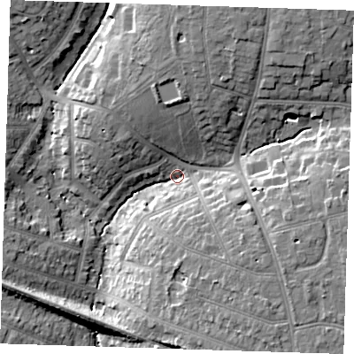 Shaded relief map of the ground around RM112BS, computed from Environment Agency LiDAR. The ground here sits at about 23 m above sea level and falls 15 m across the surrounding 800 m. Surface water reaching this point runs off ground lying to the north-north-east, 14.1 m higher.