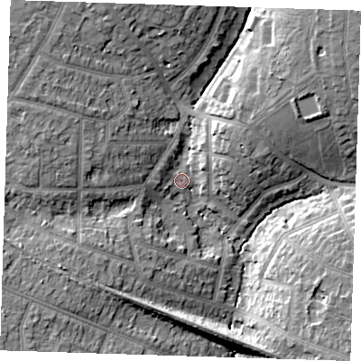 Shaded relief map of the ground around RM112BT, computed from Environment Agency LiDAR. The ground here sits at about 23 m above sea level and falls 14 m across the surrounding 800 m. Surface water reaching this point runs off ground lying to the west-north-west, 12.9 m higher.