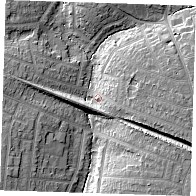 Shaded relief map of the ground around RM112DJ, computed from Environment Agency LiDAR. The ground here sits at about 23 m above sea level and falls 17 m across the surrounding 800 m. Surface water reaching this point runs off ground lying to the east-south-east, 12.5 m higher.