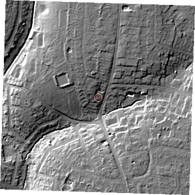 Shaded relief map of the ground around RM112JY, computed from Environment Agency LiDAR. The ground here sits at about 27 m above sea level and falls 14 m across the surrounding 800 m. Surface water reaching this point runs off ground lying to the north-north-west, 3.8 m higher.