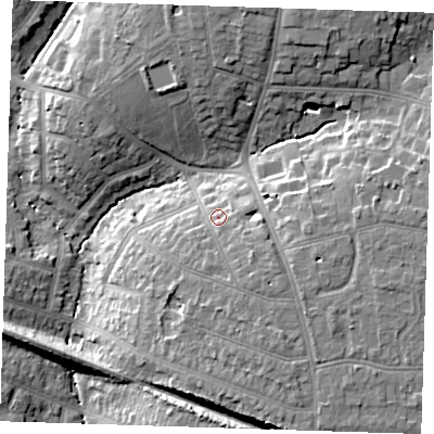 Shaded relief map of the ground around RM112LB, computed from Environment Agency LiDAR. The ground here sits at about 29 m above sea level and falls 15 m across the surrounding 800 m. Surface water reaching this point runs off ground lying to the south-east, 4.6 m higher.