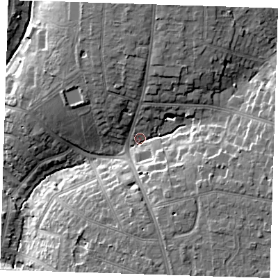 Shaded relief map of the ground around RM112LN, computed from Environment Agency LiDAR. The ground here sits at about 24 m above sea level and falls 14 m across the surrounding 800 m. Surface water reaching this point runs off ground lying to the south-east, 9.4 m higher.