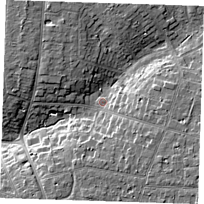 Shaded relief map of the ground around RM112QT, computed from Environment Agency LiDAR. The ground here sits at about 27 m above sea level and falls 10 m across the surrounding 800 m. Surface water reaching this point runs off ground lying to the north-north-west, 7.6 m higher.
