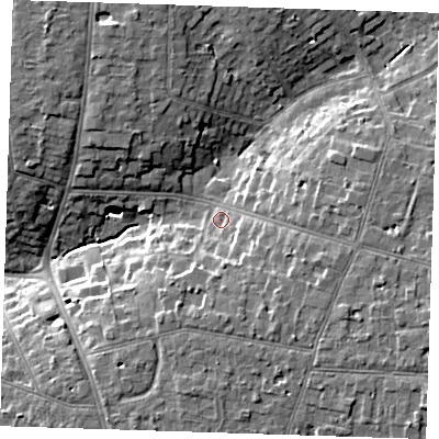 Shaded relief map of the ground around RM112QU, computed from Environment Agency LiDAR. The ground here sits at about 28 m above sea level and falls 10 m across the surrounding 800 m. Surface water reaching this point runs off ground lying to the east-south-east, 5.8 m higher.