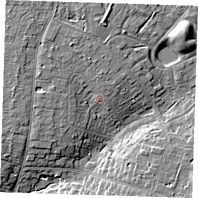 Shaded relief map of the ground around RM112RJ, computed from Environment Agency LiDAR. The ground here sits at about 30 m above sea level and falls 11 m across the surrounding 800 m. Surface water reaching this point runs off ground lying to the north, 1.0 m higher.