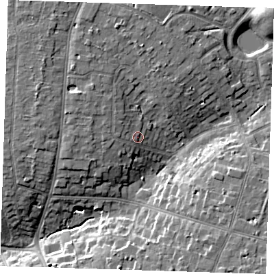Shaded relief map of the ground around RM112RR, computed from Environment Agency LiDAR. The ground here sits at about 30 m above sea level and falls 10 m across the surrounding 800 m. Surface water reaching this point runs off ground lying to the west-north-west, 2.9 m higher.