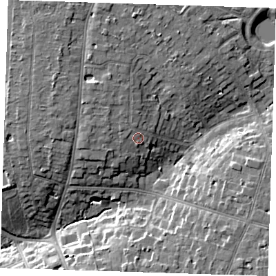Shaded relief map of the ground around RM112RS, computed from Environment Agency LiDAR. The ground here sits at about 31 m above sea level and falls 11 m across the surrounding 800 m. Surface water reaching this point runs off ground lying to the north-west, 2.2 m higher.