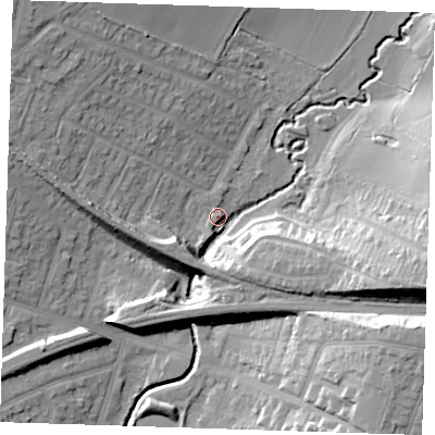 Shaded relief map of the ground around RM113JP, computed from Environment Agency LiDAR. The ground here sits at about 13 m above sea level and falls 24 m across the surrounding 800 m. Surface water reaching this point runs off ground lying to the east-south-east, 22.3 m higher.