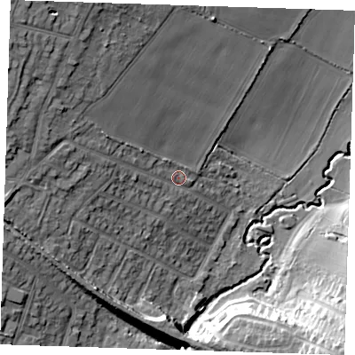 Shaded relief map of the ground around RM113PT, computed from Environment Agency LiDAR. The ground here sits at about 17 m above sea level and falls 25 m across the surrounding 800 m. Surface water reaching this point runs off ground lying to the west-north-west, 11.1 m higher.