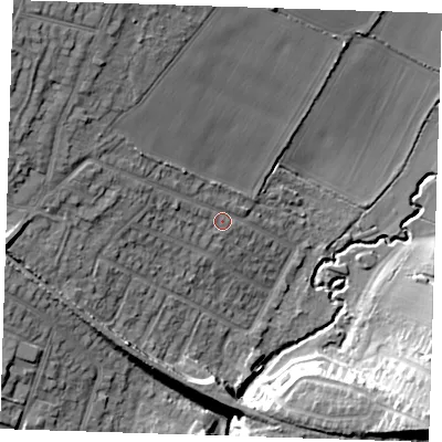 Shaded relief map of the ground around RM113PU, computed from Environment Agency LiDAR. The ground here sits at about 17 m above sea level and falls 24 m across the surrounding 800 m. Surface water reaching this point runs off ground lying to the west-north-west, 11.2 m higher.