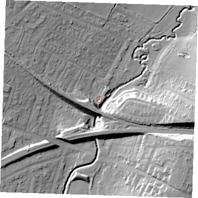 Shaded relief map of the ground around RM113PY, computed from Environment Agency LiDAR. The ground here sits at about 12 m above sea level and falls 23 m across the surrounding 800 m. Surface water reaching this point runs off ground lying to the east-south-east, 21.4 m higher.