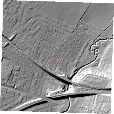 Shaded relief map of the ground around RM113QA, computed from Environment Agency LiDAR. The ground here sits at about 16 m above sea level and falls 24 m across the surrounding 800 m. Surface water reaching this point runs off ground lying to the west-north-west, 14.2 m higher.