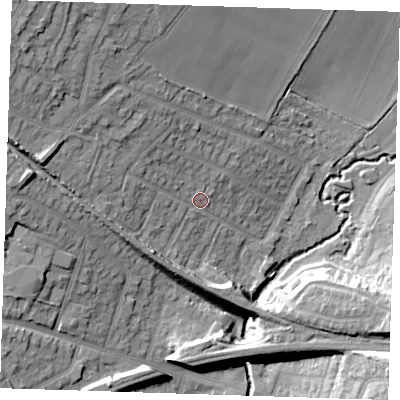 Shaded relief map of the ground around RM113QH, computed from Environment Agency LiDAR. The ground here sits at about 17 m above sea level and falls 25 m across the surrounding 800 m. Surface water reaching this point runs off ground lying to the north-west, 16.7 m higher.