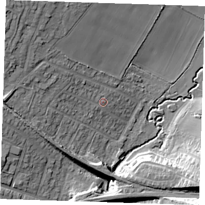 Shaded relief map of the ground around RM113QT, computed from Environment Agency LiDAR. The ground here sits at about 17 m above sea level and falls 24 m across the surrounding 800 m. Surface water reaching this point runs off ground lying to the north-west, 17.3 m higher.