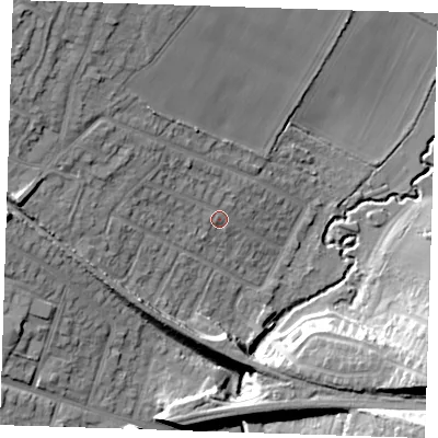 Shaded relief map of the ground around RM113QU, computed from Environment Agency LiDAR. The ground here sits at about 17 m above sea level and falls 25 m across the surrounding 800 m. Surface water reaching this point runs off ground lying to the north-west, 17.2 m higher.