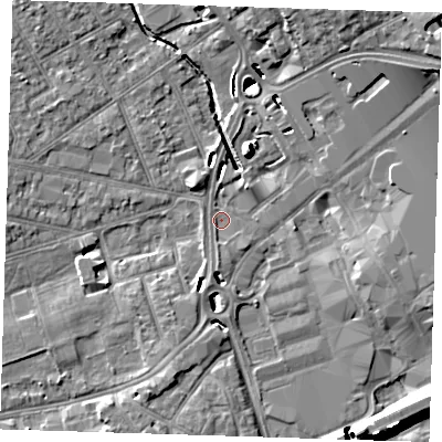 Shaded relief map of the ground around RM11AF, computed from Environment Agency LiDAR. The ground here sits at about 14 m above sea level and falls 13 m across the surrounding 800 m. Surface water reaching this point runs off ground lying to the south, 1.5 m higher.