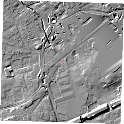 Shaded relief map of the ground around RM11AN, computed from Environment Agency LiDAR. The ground here sits at about 14 m above sea level and falls 15 m across the surrounding 800 m. Surface water reaching this point runs off ground lying to the south-west, 5.3 m higher.
