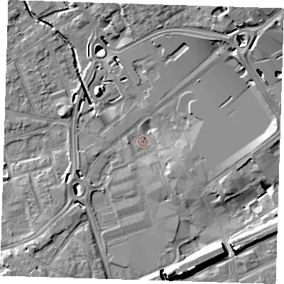 Shaded relief map of the ground around RM11AP, computed from Environment Agency LiDAR. The ground here sits at about 14 m above sea level and falls 15 m across the surrounding 800 m. Surface water reaching this point runs off ground lying to the north-east, 13.8 m higher.